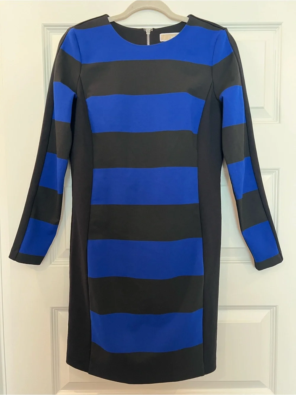 Michael Michael Kors Blue Black Striped Sheath Dress Size 6 Long Sleeve Career